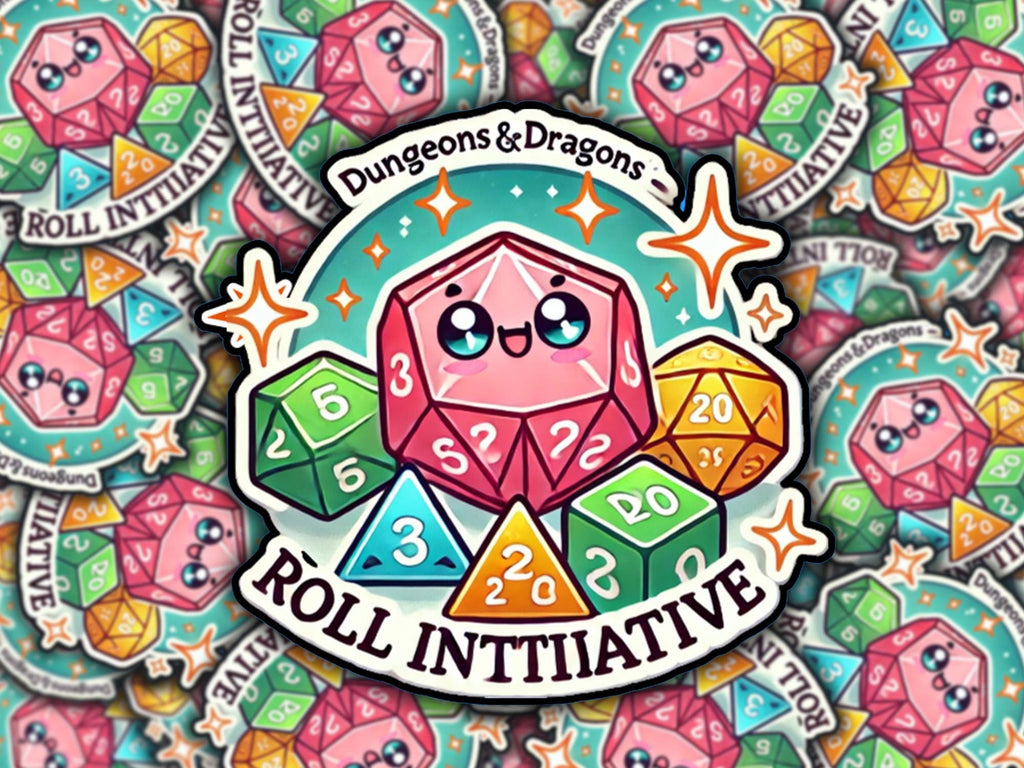 Kawaii Roll initiative adventure dice with cute faces sticker adorable cute funny sticker humorous D and D