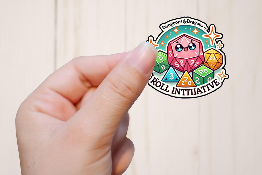 Kawaii Roll initiative adventure dice with cute faces sticker adorable cute funny sticker humorous D and D