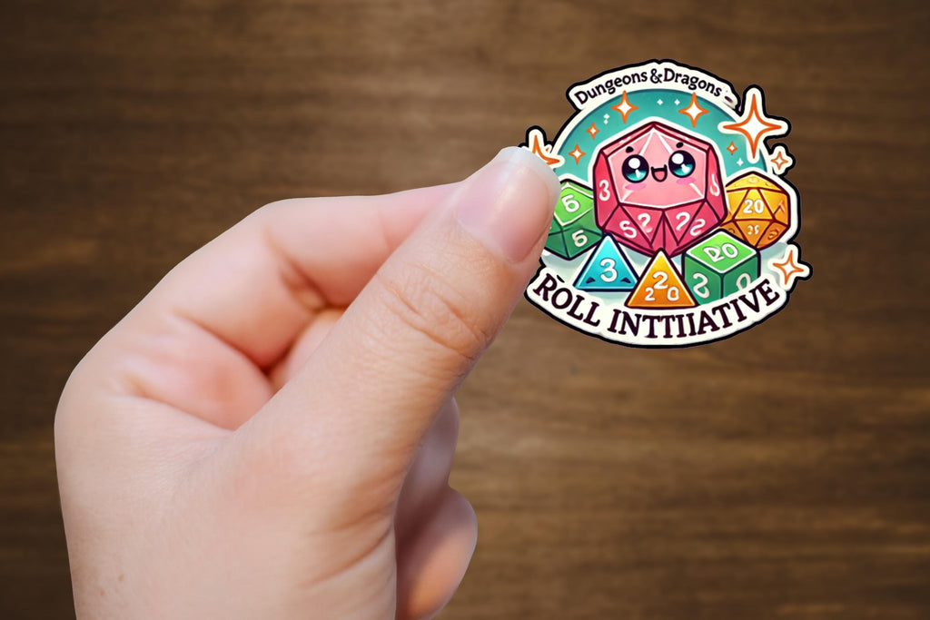 Kawaii Roll initiative adventure dice with cute faces sticker adorable cute funny sticker humorous D and D