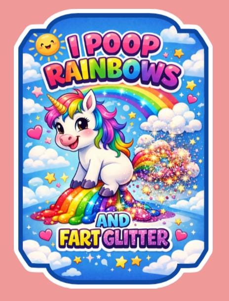 i poop rainbows and fart glitter, funny unicorn sticker