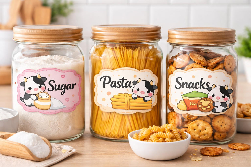 Kawaii Cow Pantry Labels, Farmhouse Kitchen Stickers, Jar Organization, set of 6 | Homeware
