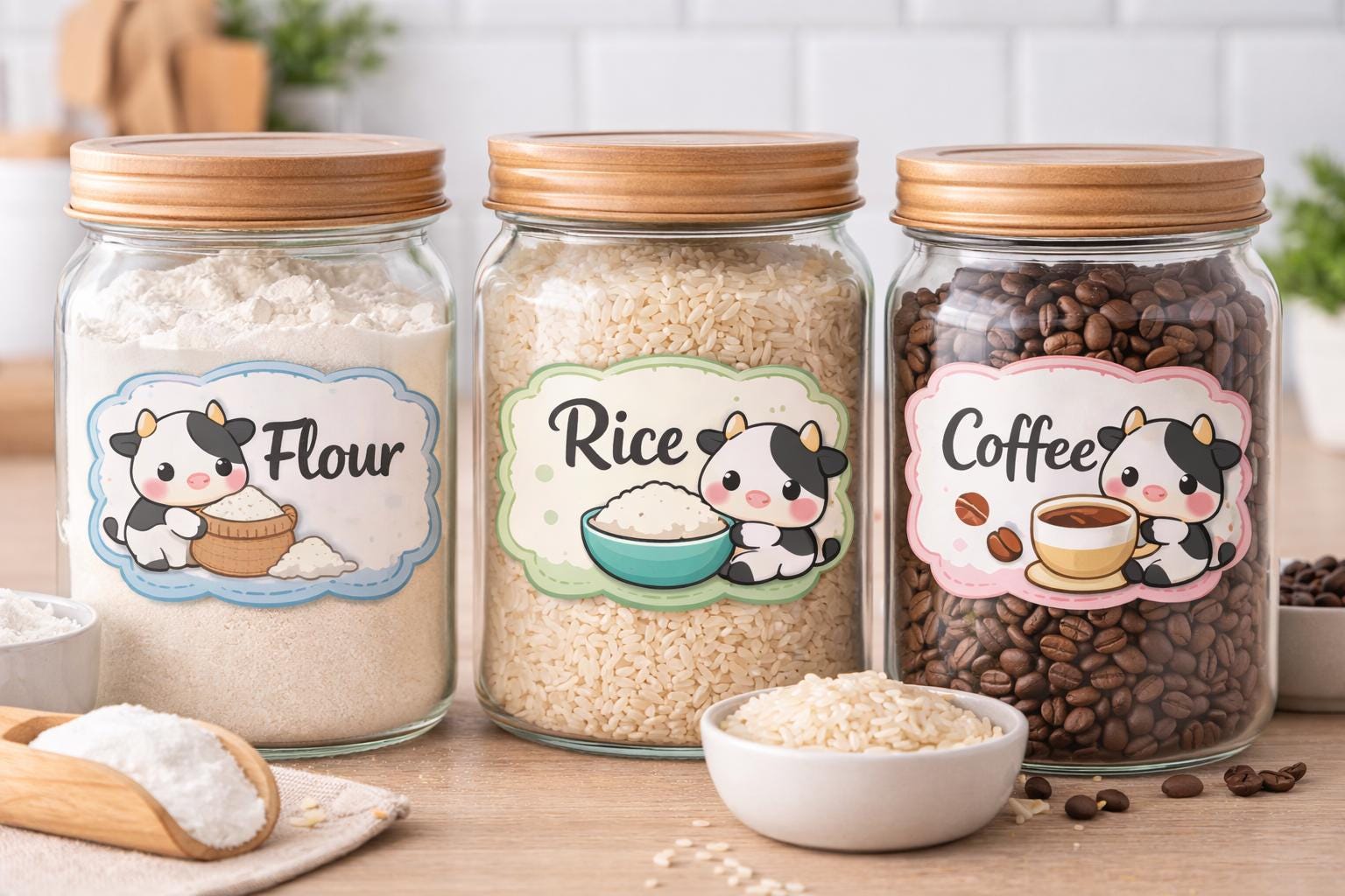 Kawaii Cow Pantry Labels, Farmhouse Kitchen Stickers, Jar Organization, set of 6 | Homeware