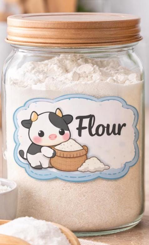 Kawaii Cow Pantry Labels, Farmhouse Kitchen Stickers, Jar Organization, set of 6 | Homeware