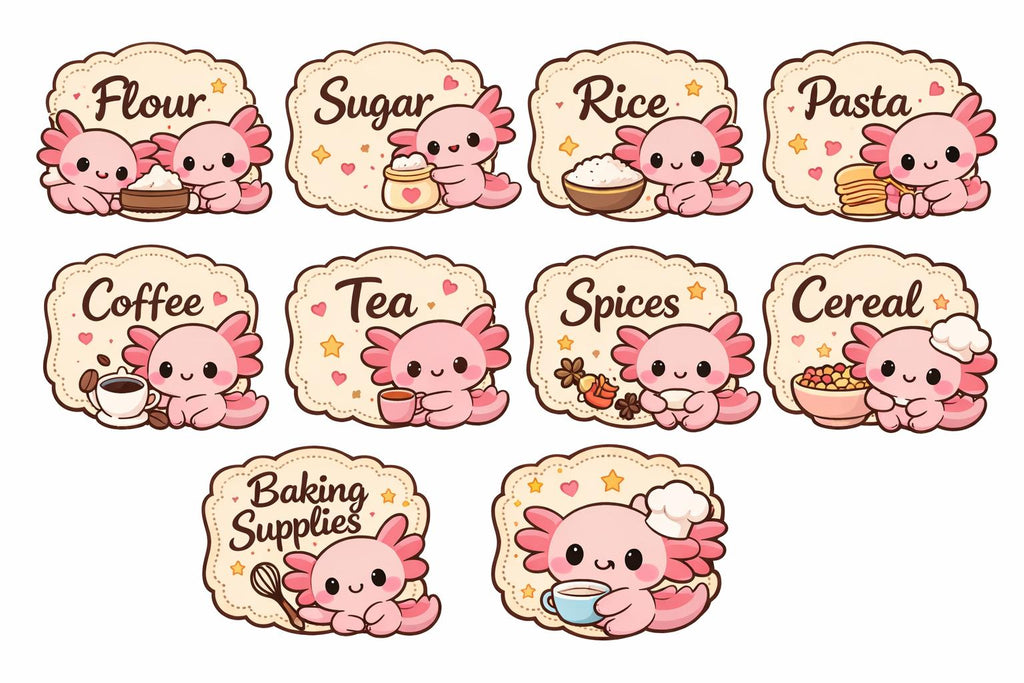 Kawaii Axolotl Pantry Labels | Food Jar Stickers | set of 6 | homeware