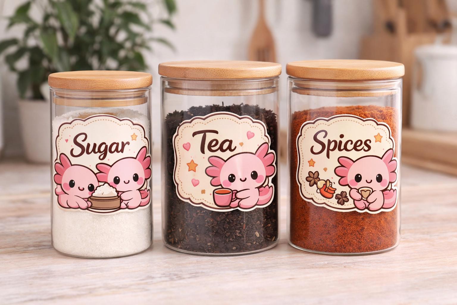 Kawaii Axolotl Pantry Labels | Food Jar Stickers | set of 6 | homeware