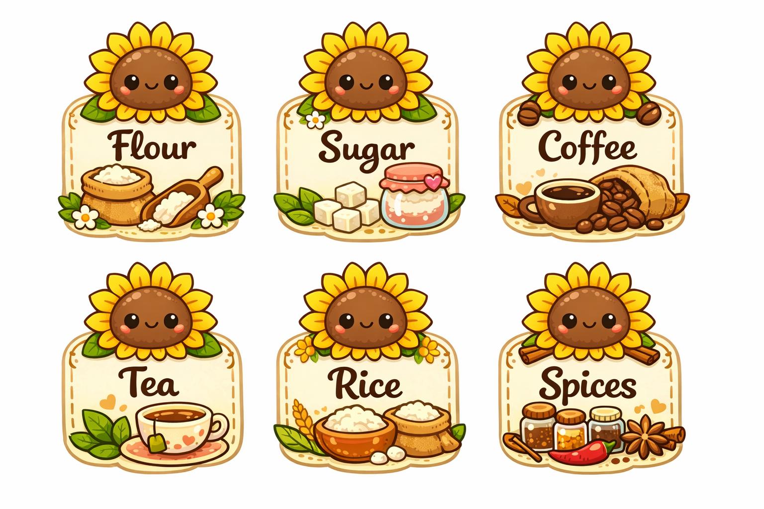 Kawaii Sunflower Pantry Labels, Kitchen Stickers set of 6 | homeware