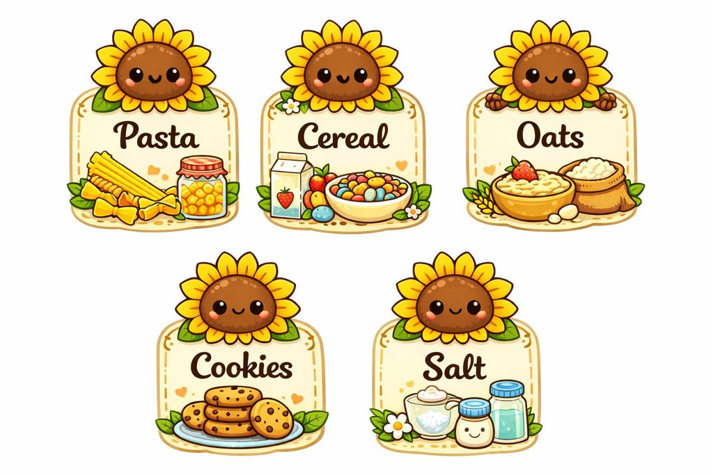 Kawaii Sunflower Pantry Labels, Kitchen Stickers set of 6 | homeware