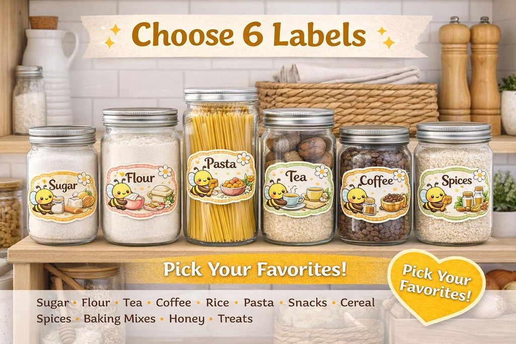 Kawaii Bee Pantry Labels | Glossy Vinyl Kitchen Stickers, Set of 6 | Homewares