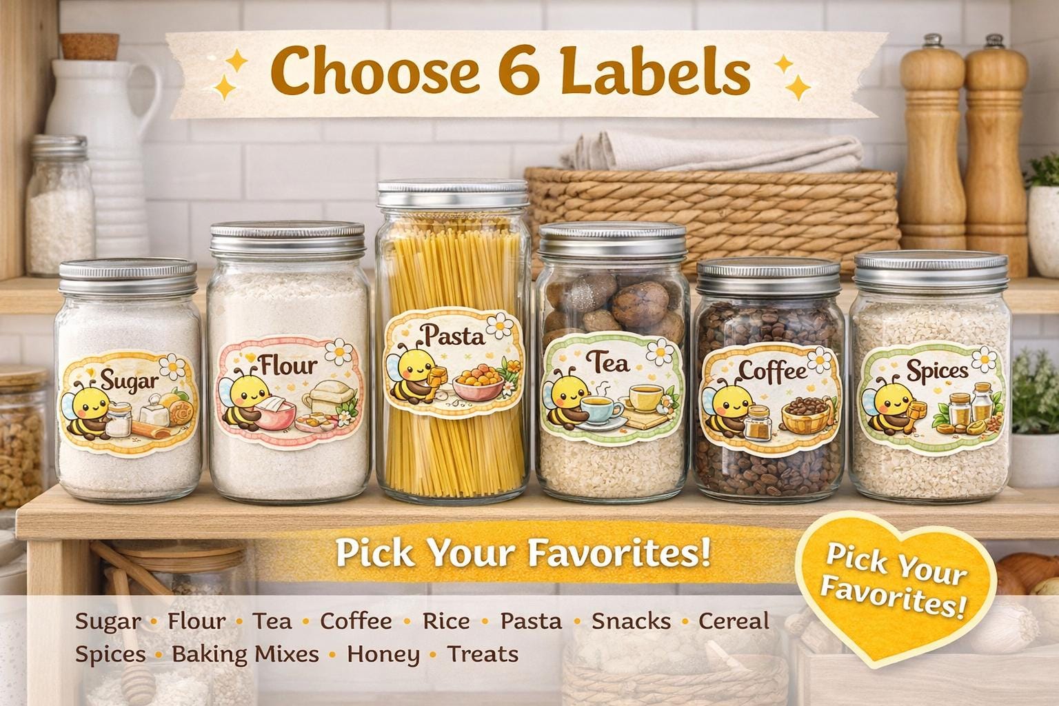 Kawaii Bee Pantry Labels | Glossy Vinyl Kitchen Stickers, Set of 6 | Homewares