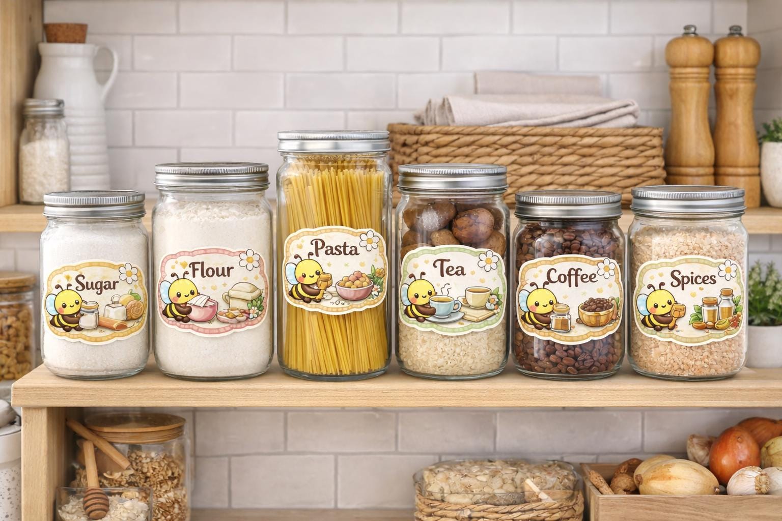 Kawaii Bee Pantry Labels | Glossy Vinyl Kitchen Stickers, Set of 6 | Homewares