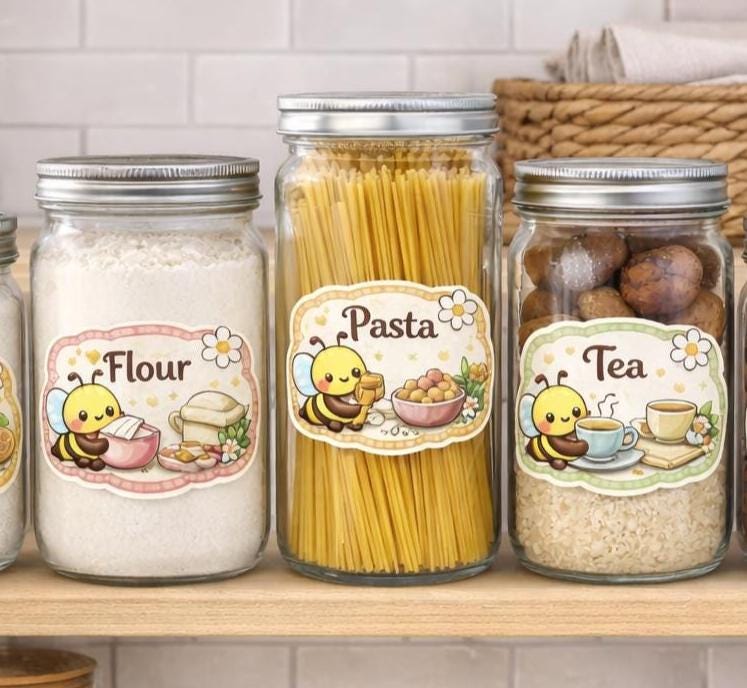 Kawaii Bee Pantry Labels | Glossy Vinyl Kitchen Stickers, Set of 6 | Homewares