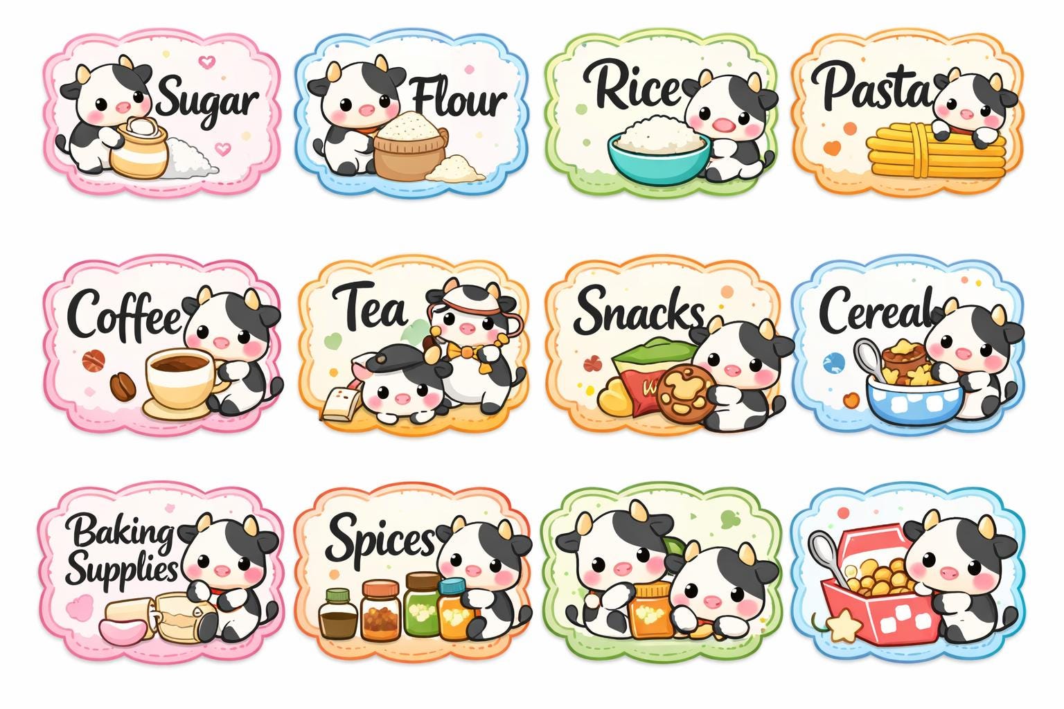 Kawaii Cow Pantry Labels, Farmhouse Kitchen Stickers, Jar Organization, set of 6 | Homeware