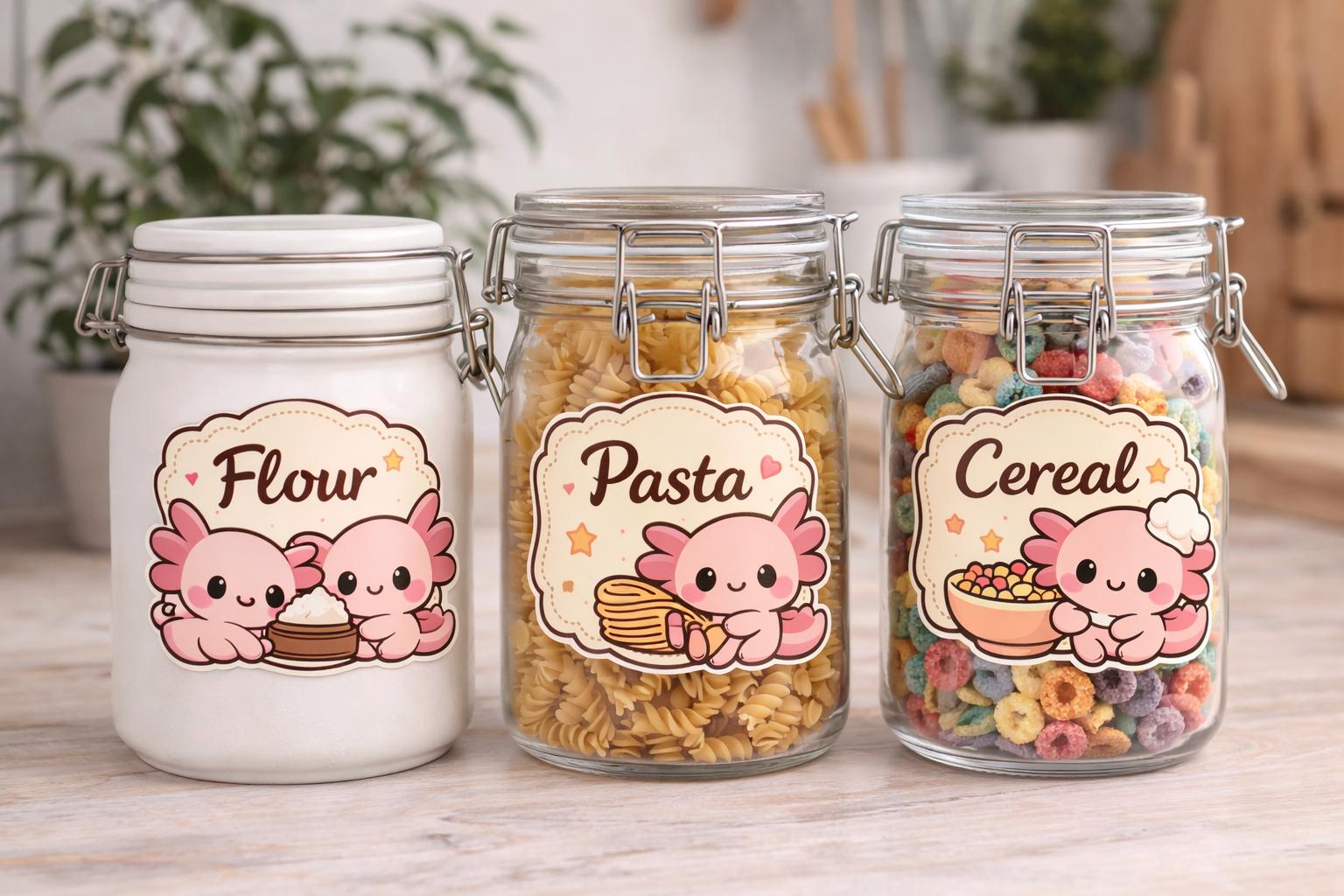 Kawaii Axolotl Pantry Labels | Food Jar Stickers | set of 6 | homeware
