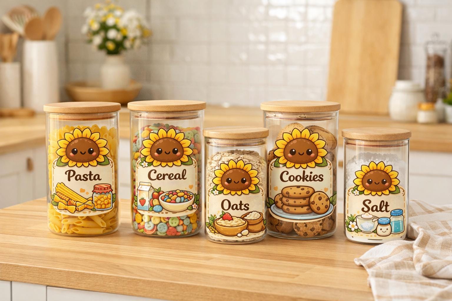 Kawaii Sunflower Pantry Labels, Kitchen Stickers set of 6 | homeware