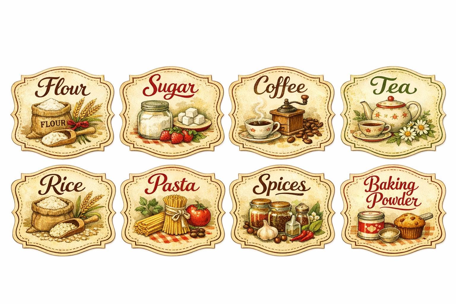 Vintage Farmhouse Pantry Labels | Retro Kitchen Stickers | Homeware | set of 6