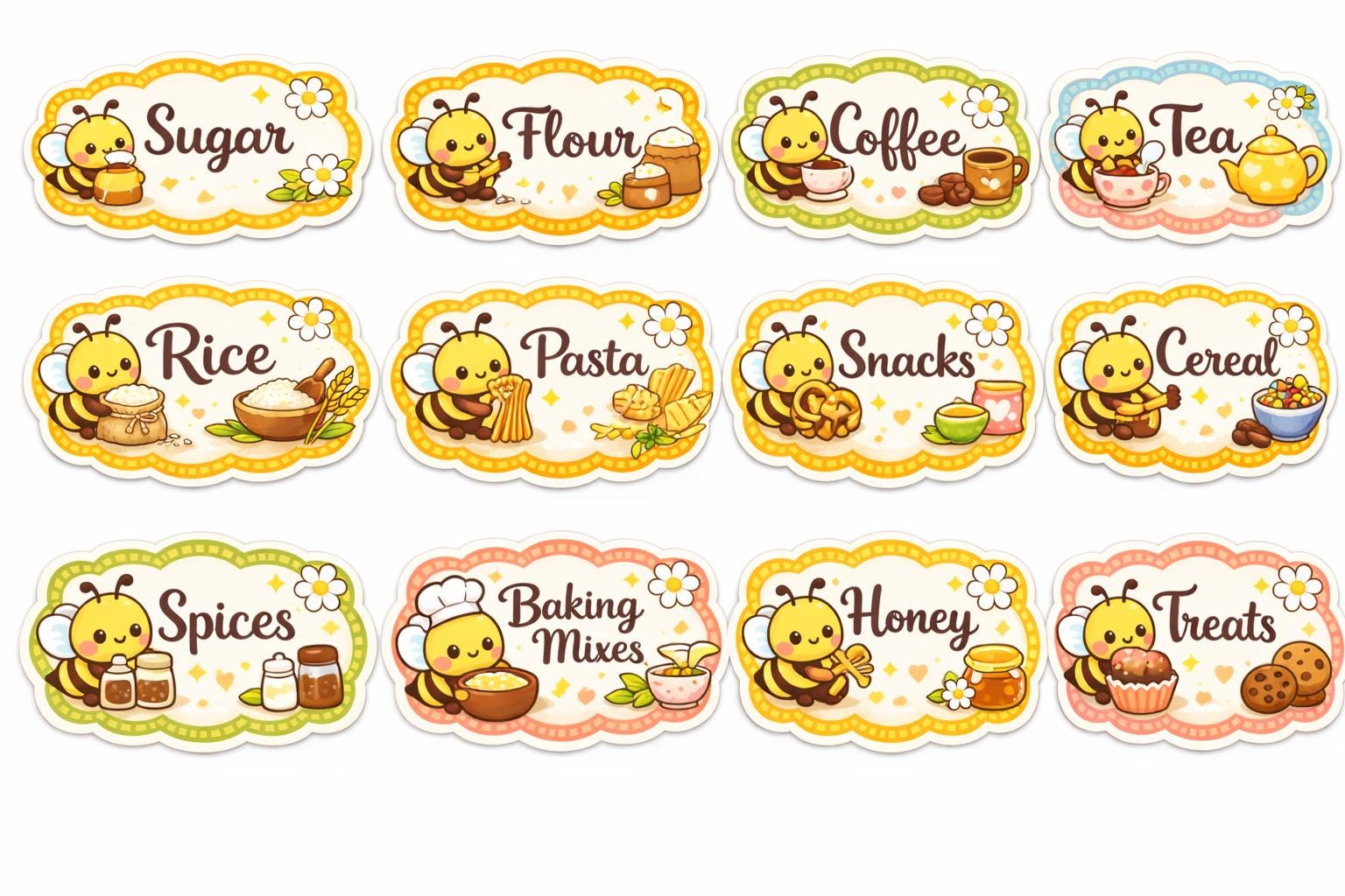 Kawaii Bee Pantry Labels | Glossy Vinyl Kitchen Stickers, Set of 6 | Homewares