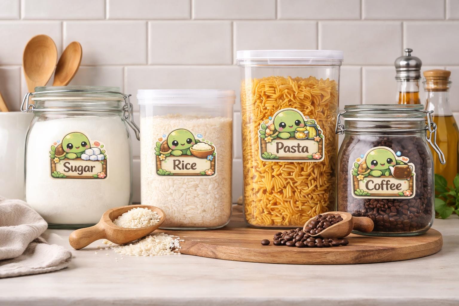 Kawaii Turtle Pantry Labels | Custom Vinyl Kitchen Jar Stickers (Set of 6)