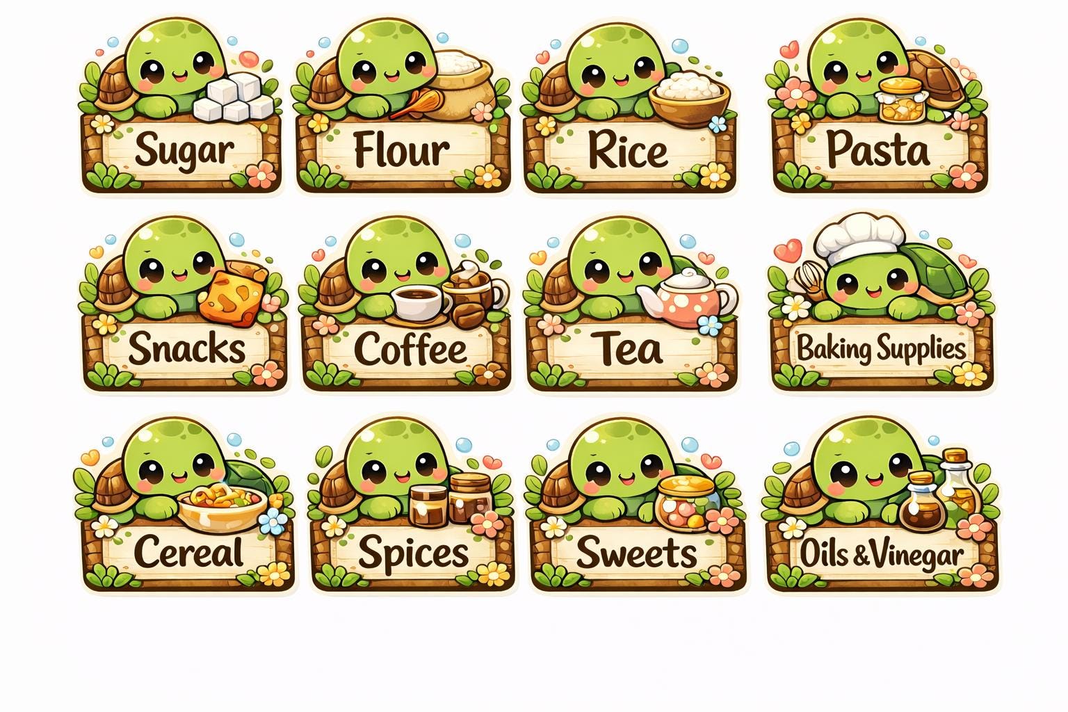 Kawaii Turtle Pantry Labels | Custom Vinyl Kitchen Jar Stickers (Set of 6)