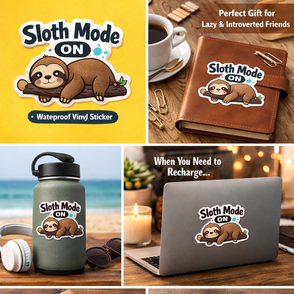 Sloth Mode On Sticker | Lazy Sloth Decal, Laptop Water Bottle Art (Gift for Introverts)