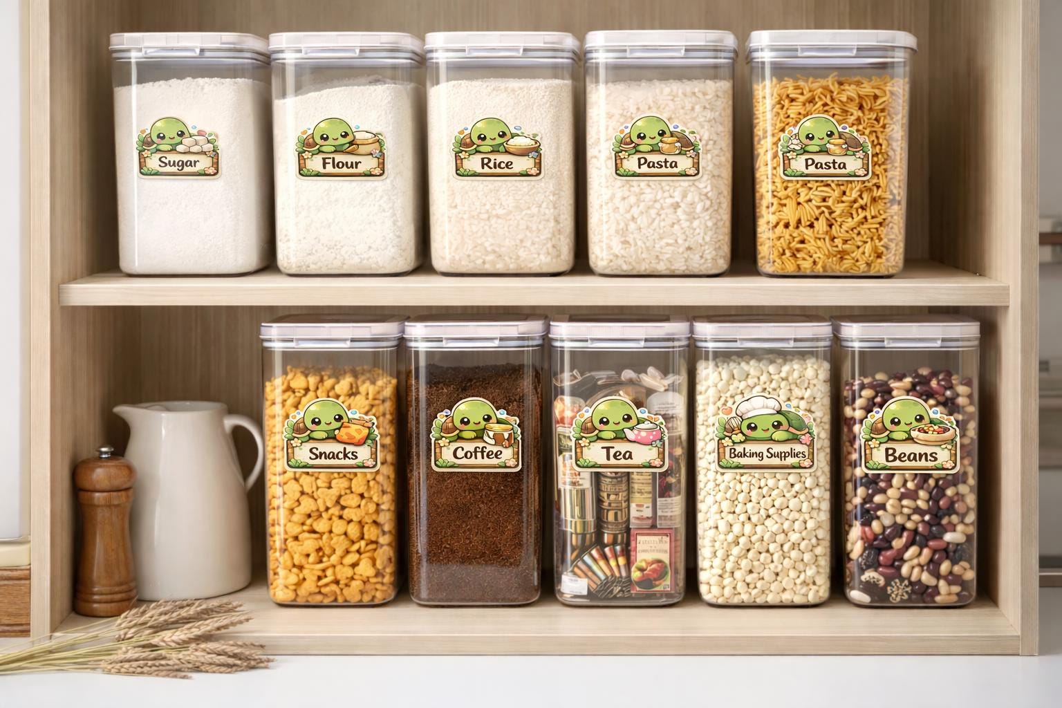 Kawaii Turtle Pantry Labels | Custom Vinyl Kitchen Jar Stickers (Set of 6)