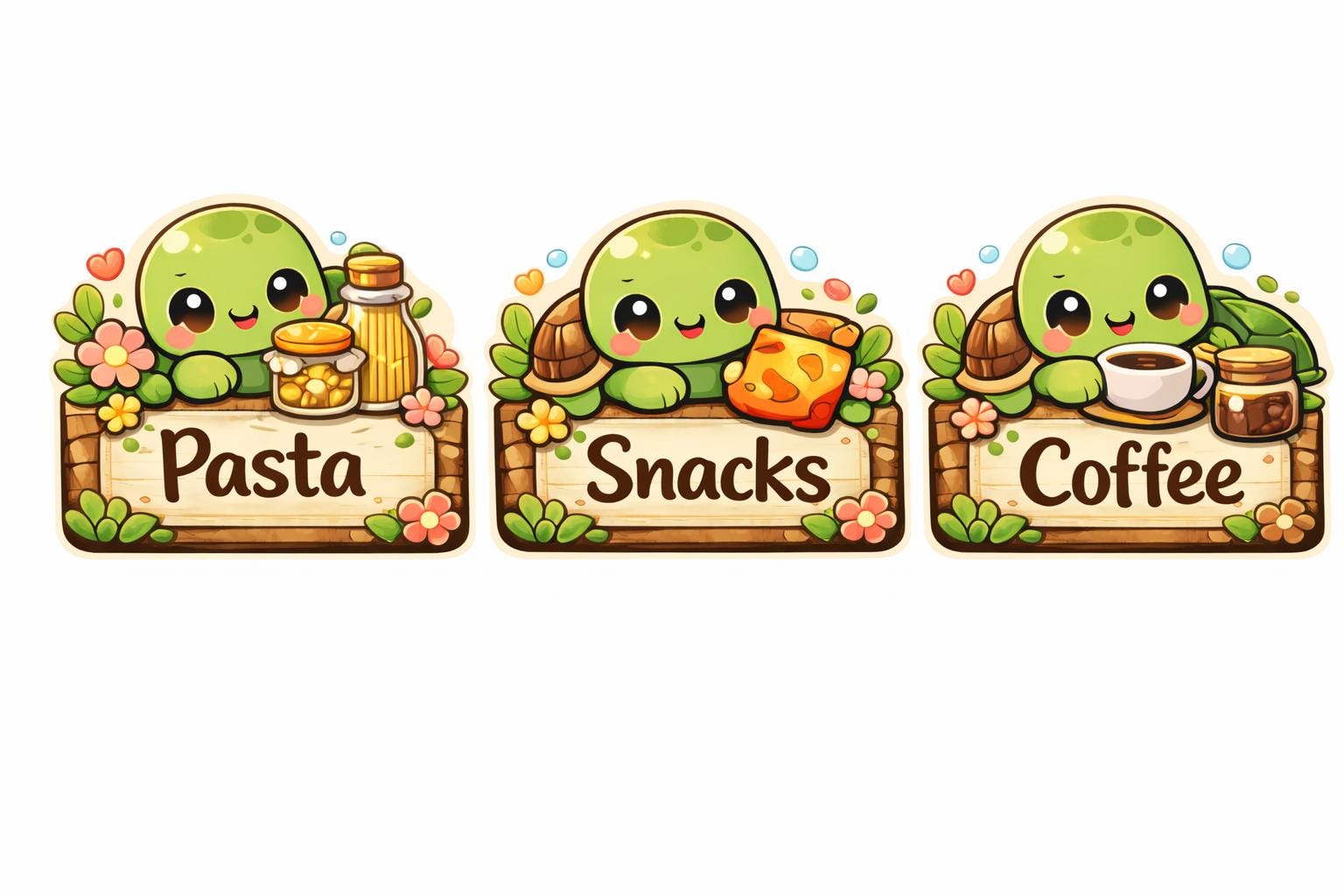 Kawaii Turtle Pantry Labels | Custom Vinyl Kitchen Jar Stickers (Set of 6)