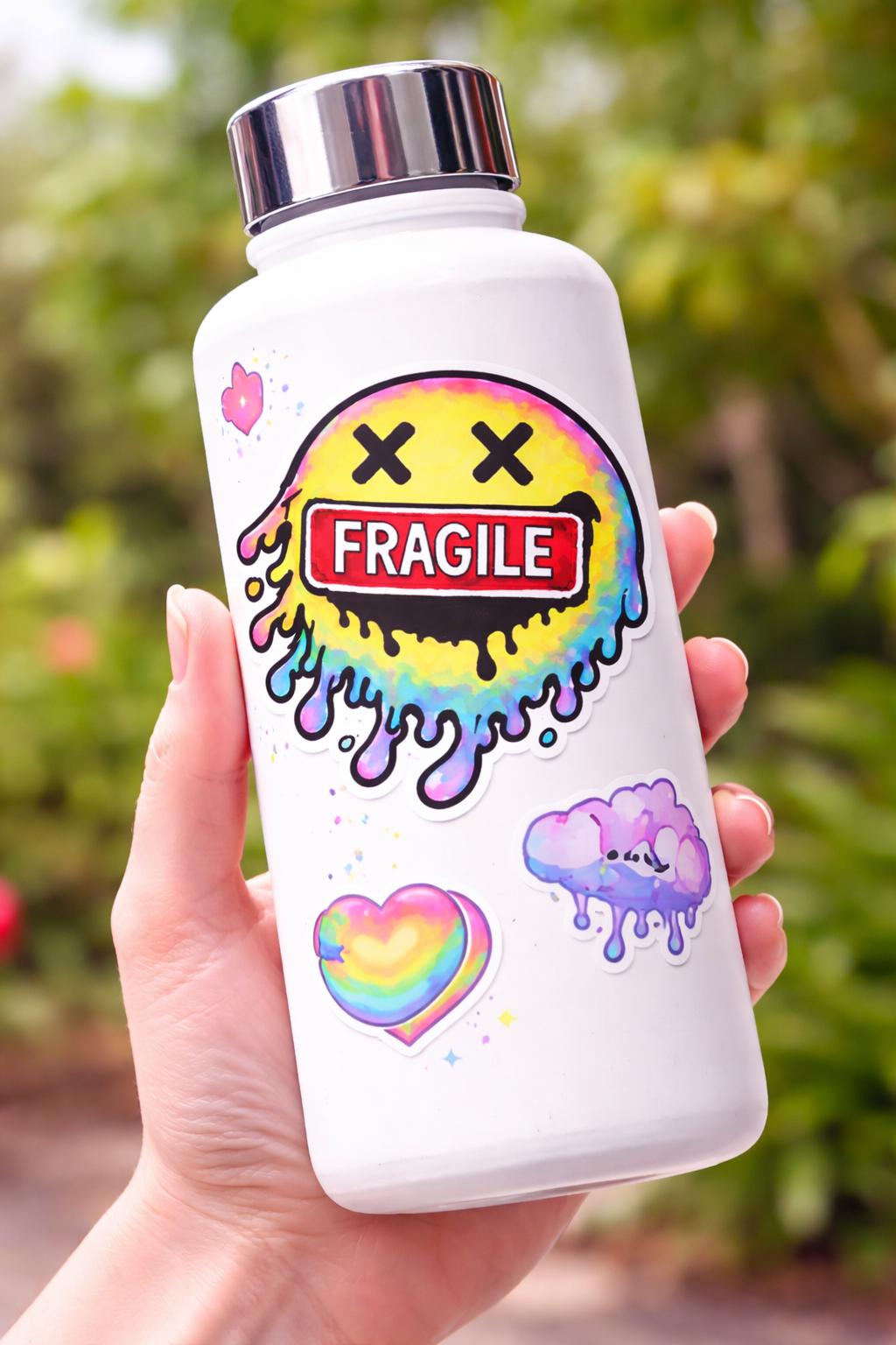 Melting Smiley Face Sticker, Fragile Rainbow Drip Vinyl Decal