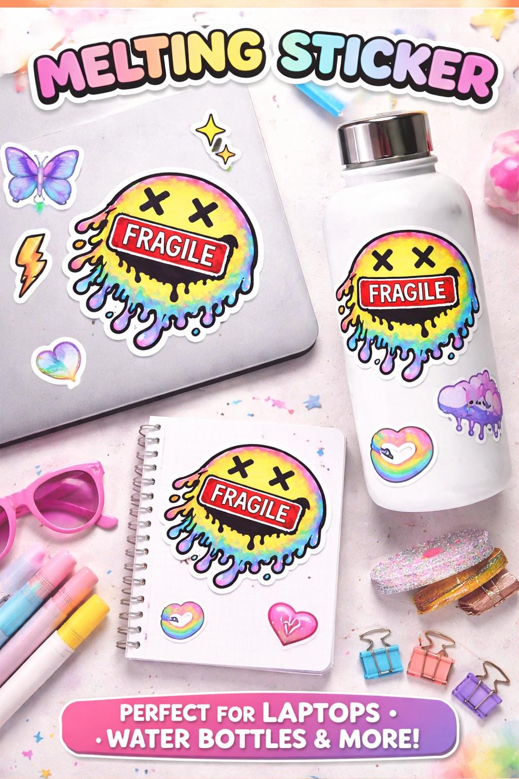Melting Smiley Face Sticker, Fragile Rainbow Drip Vinyl Decal