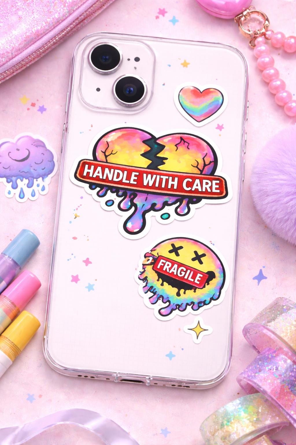 Handle With Care Melting Heart Sticker, Rainbow Drippy Vinyl Decal