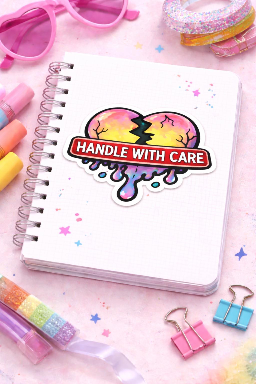 Handle With Care Melting Heart Sticker, Rainbow Drippy Vinyl Decal