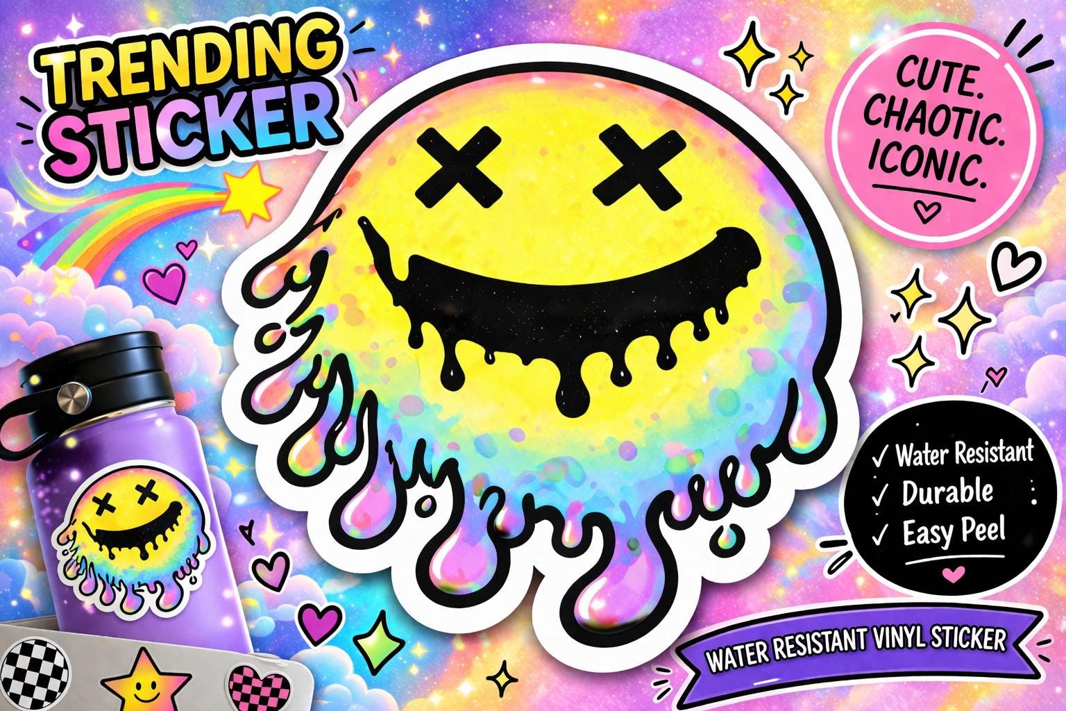 Melting Smiley Face Sticker | Trippy Rainbow Drip Vinyl Decal (Water resistant)