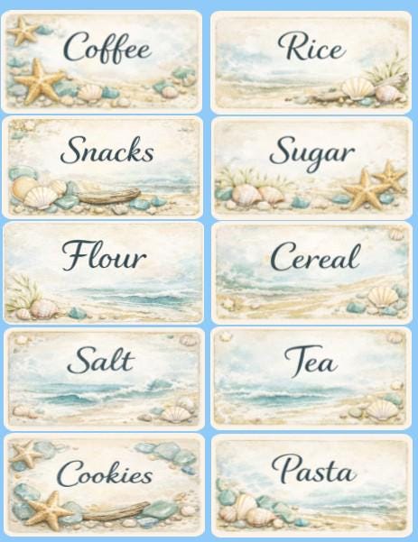 Coastal Pantry Labels | Watercolor Seashell Kitchen Organization Stickers (Set of 6)