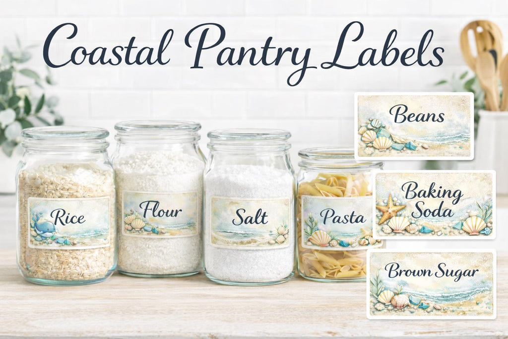 Coastal Pantry Labels | Watercolor Seashell Kitchen Organization Stickers (Set of 6)