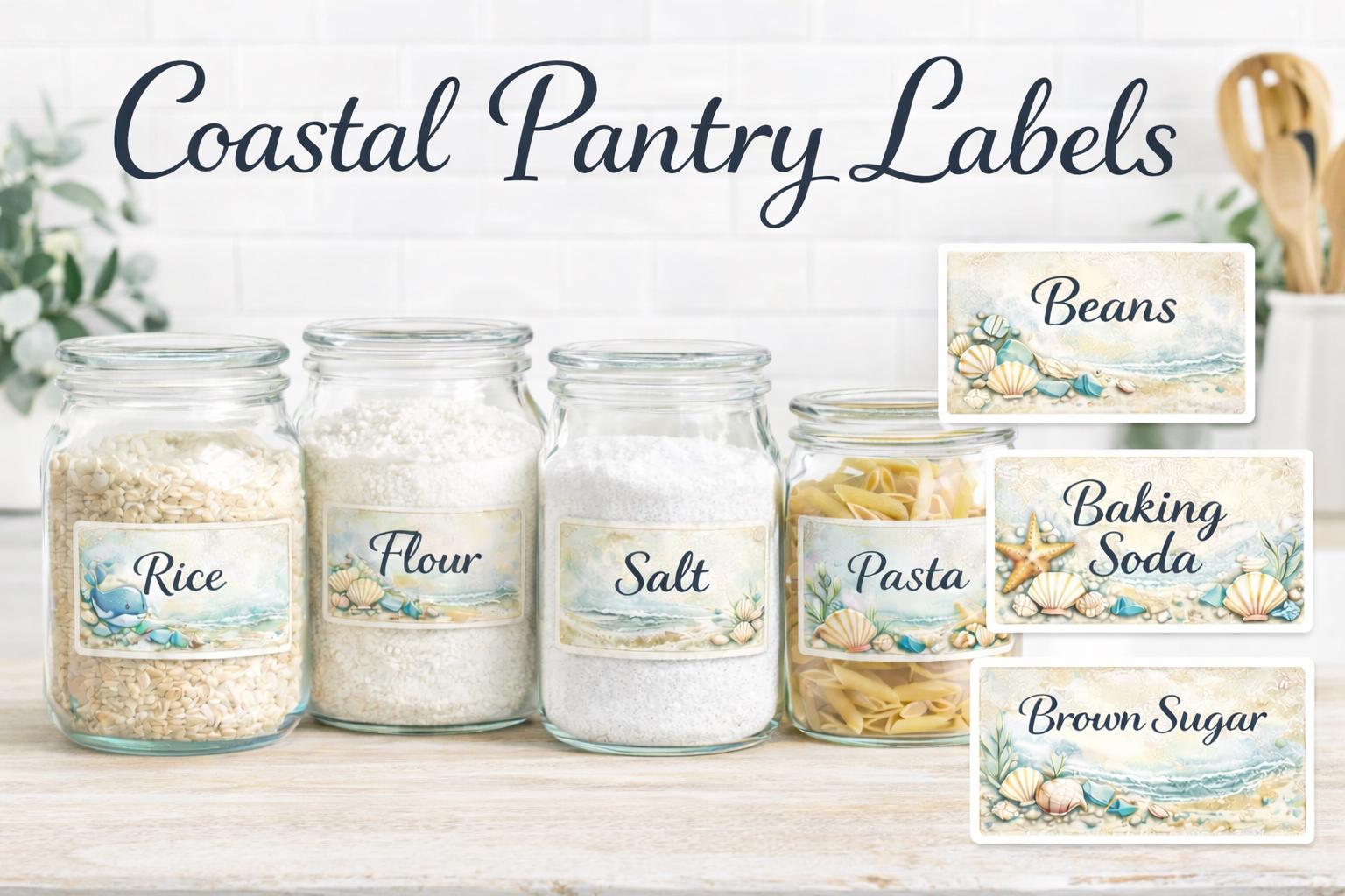 Coastal Pantry Labels | Watercolor Seashell Kitchen Organization Stickers (Set of 6)