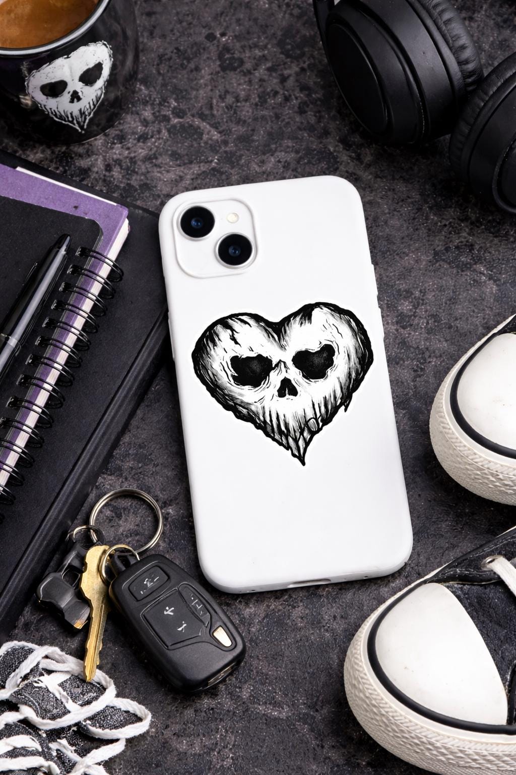 Heart Skull Sticker, Gothic Love Decal, Dark Art Tattoo Style, Water Resistant Vinyl