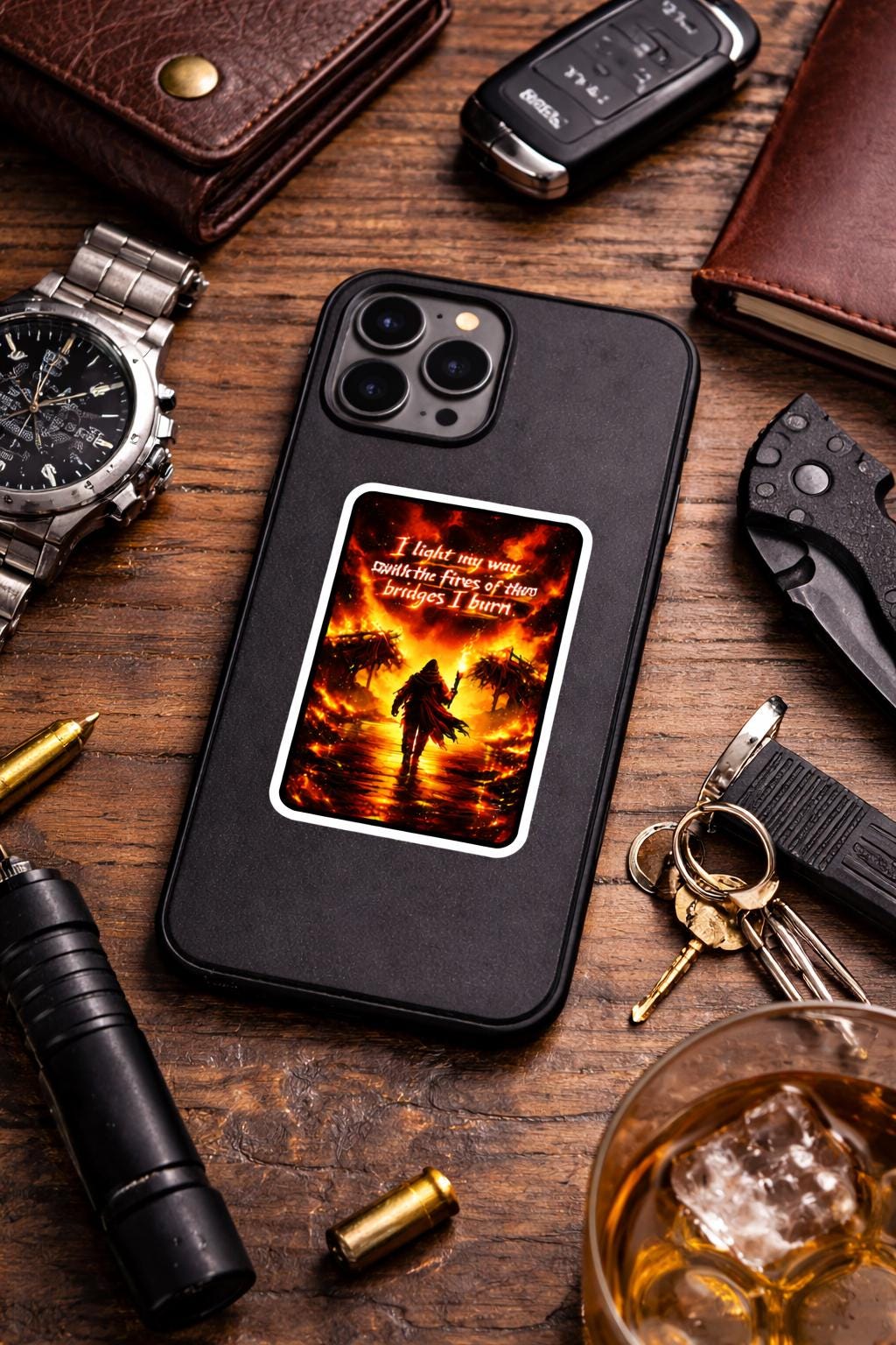 Burning Bridges Quote Sticker, Dark Fire Art Vinyl Decal (Water-Resistant)