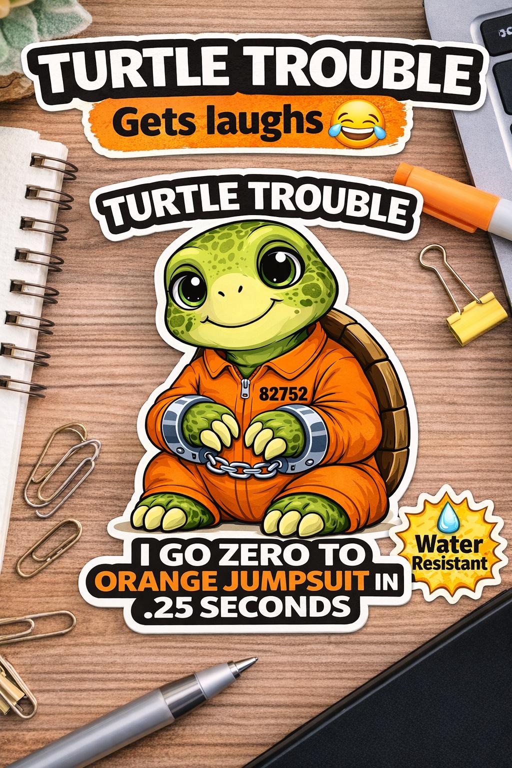 Turtle Trouble Orange Jumpsuit Sticker, Funny Sarcastic Humor Decal (Water Resistant)