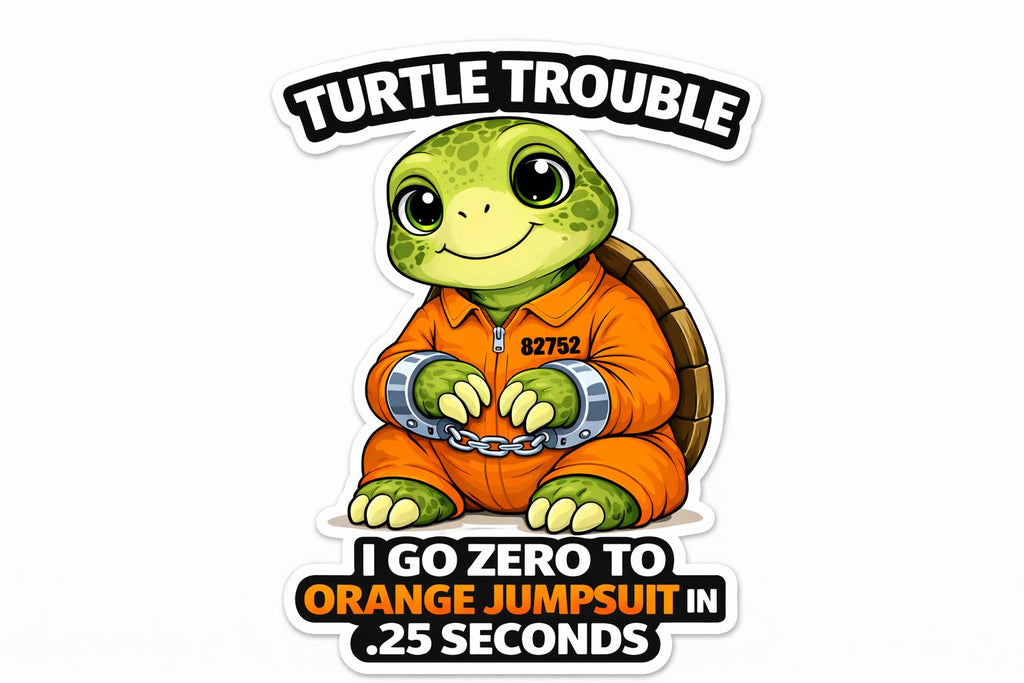 Turtle Trouble Sticker, Funny Orange Jumpsuit Vinyl Decal (Waterproof)