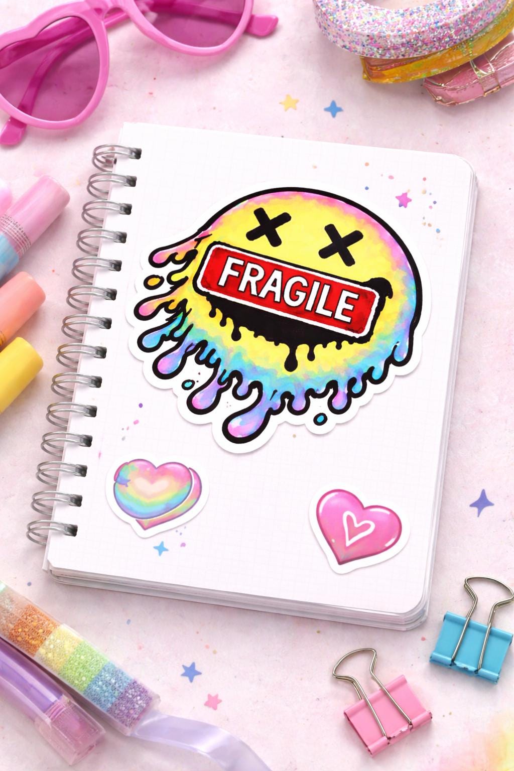 Melting Smiley Face Sticker, Fragile Rainbow Drip Vinyl Decal