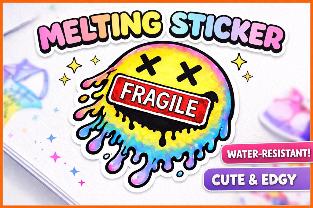 Melting Smiley Face Sticker, Fragile Rainbow Drip Vinyl Decal