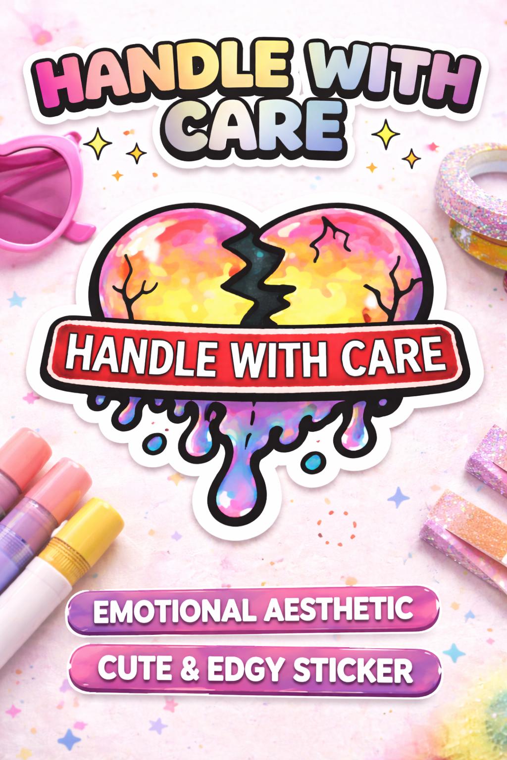 Handle With Care Melting Heart Sticker, Rainbow Drippy Vinyl Decal
