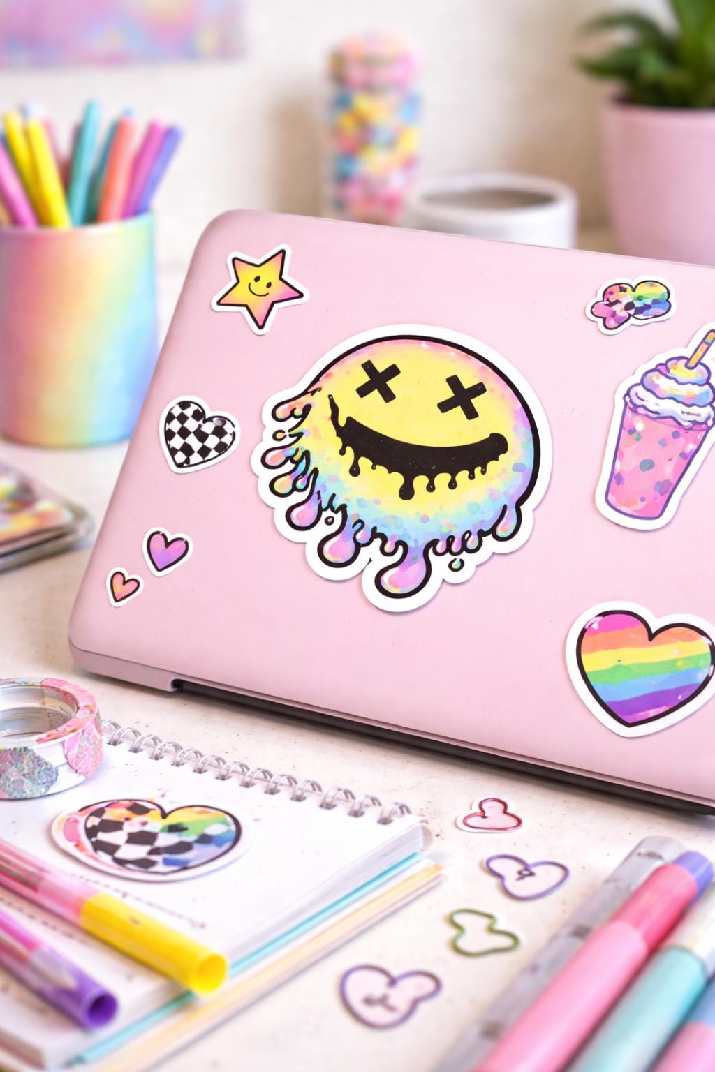 Melting Smiley Face Sticker | Trippy Rainbow Drip Vinyl Decal (Water resistant)