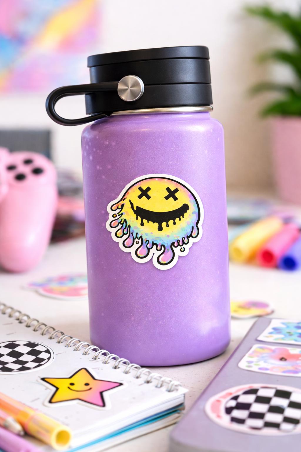 Melting Smiley Face Sticker | Trippy Rainbow Drip Vinyl Decal (Water resistant)