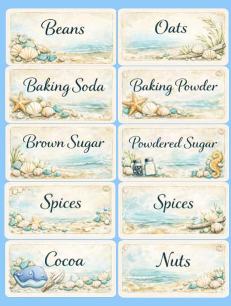 Coastal Pantry Labels | Watercolor Seashell Kitchen Organization Stickers (Set of 6)
