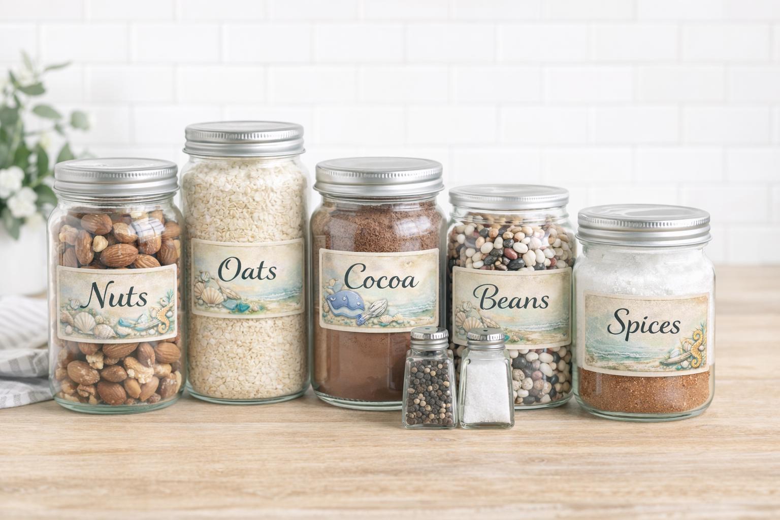 Coastal Pantry Labels | Watercolor Seashell Kitchen Organization Stickers (Set of 6)