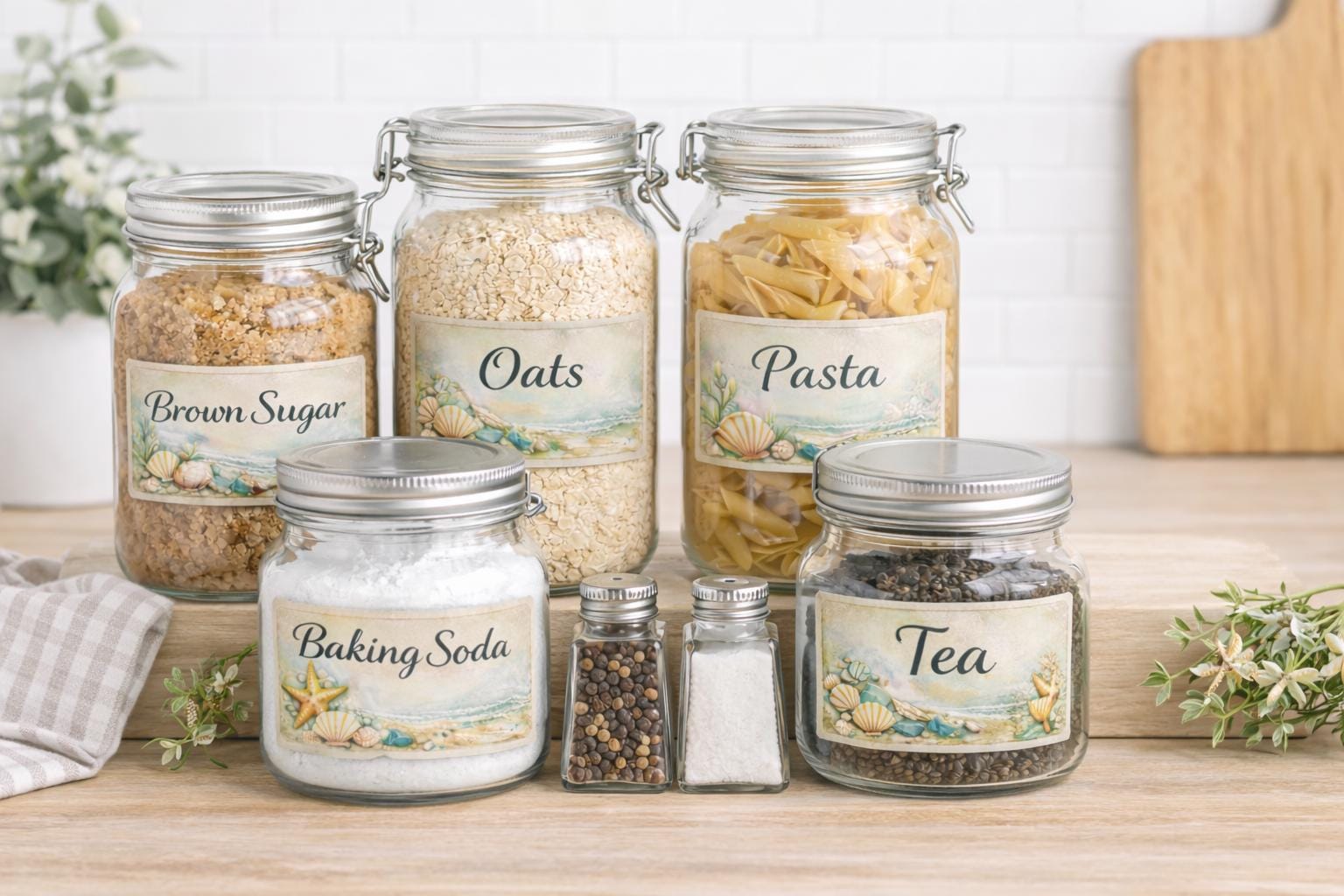 Coastal Pantry Labels | Watercolor Seashell Kitchen Organization Stickers (Set of 6)