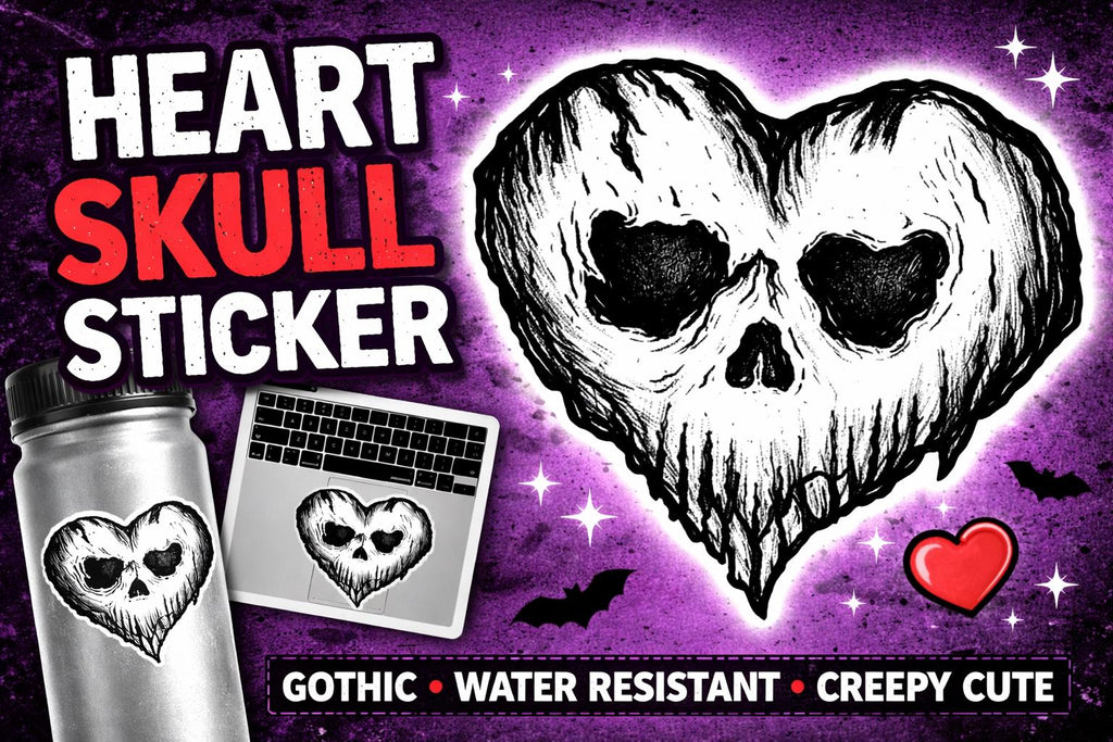 Heart Skull Sticker, Gothic Love Decal, Dark Art Tattoo Style, Water Resistant Vinyl