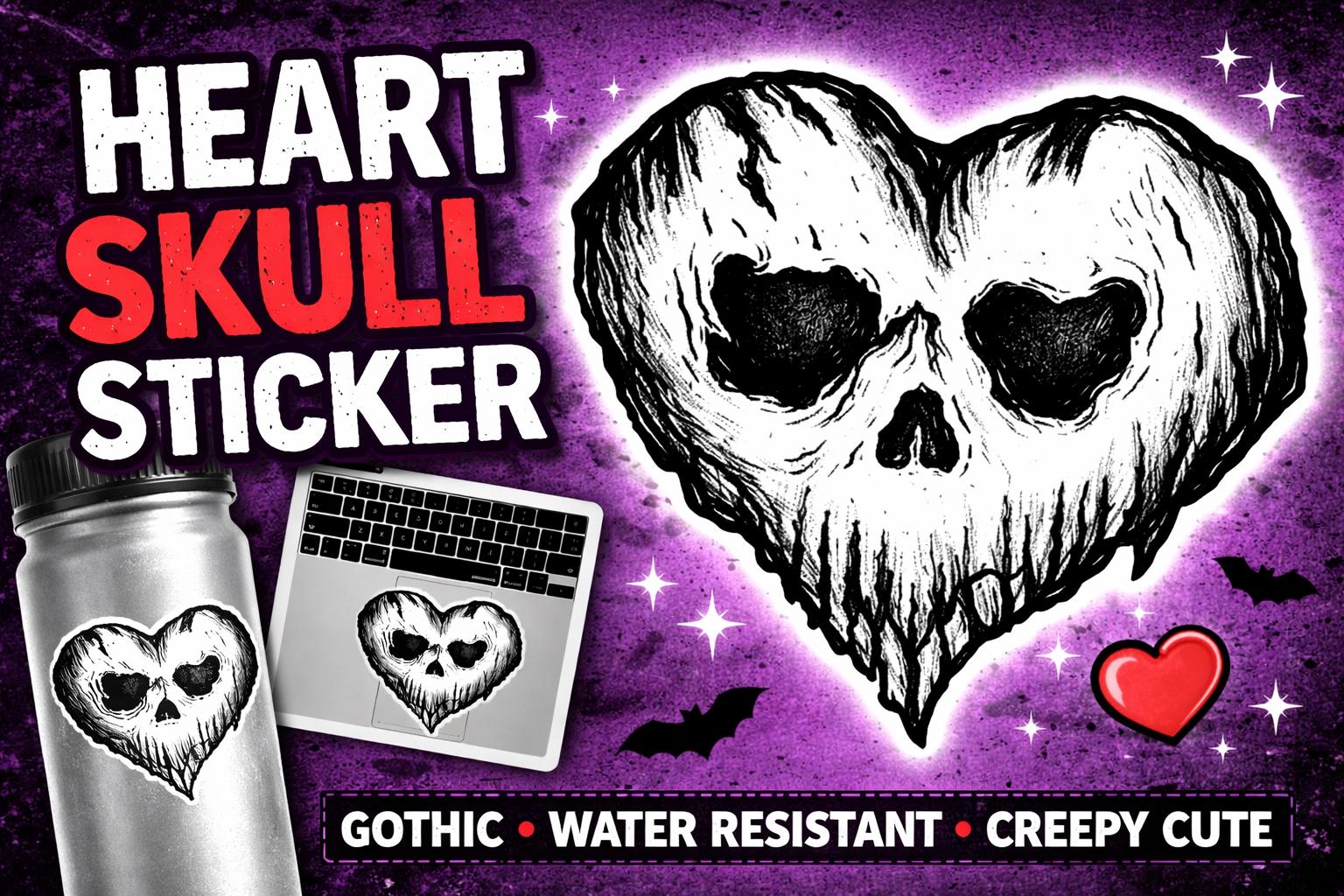 Heart Skull Sticker, Gothic Love Decal, Dark Art Tattoo Style, Water Resistant Vinyl