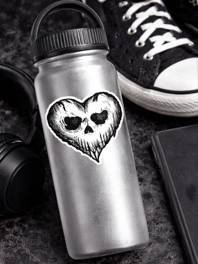 Heart Skull Sticker, Gothic Love Decal, Dark Art Tattoo Style, Water Resistant Vinyl
