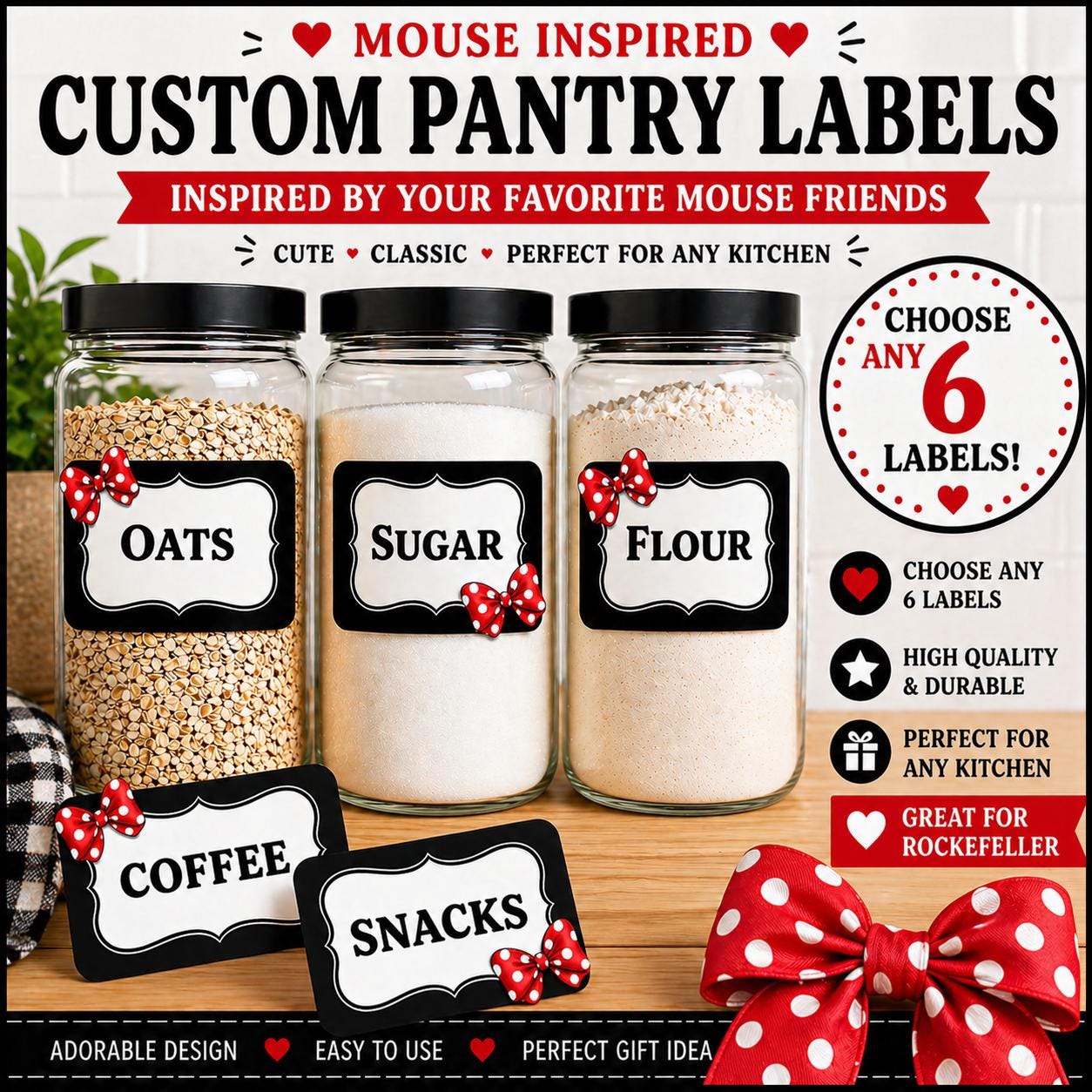 Custom Mouse Inspired Pantry Labels – Water Resistant Kitchen Organization (Set of 6)