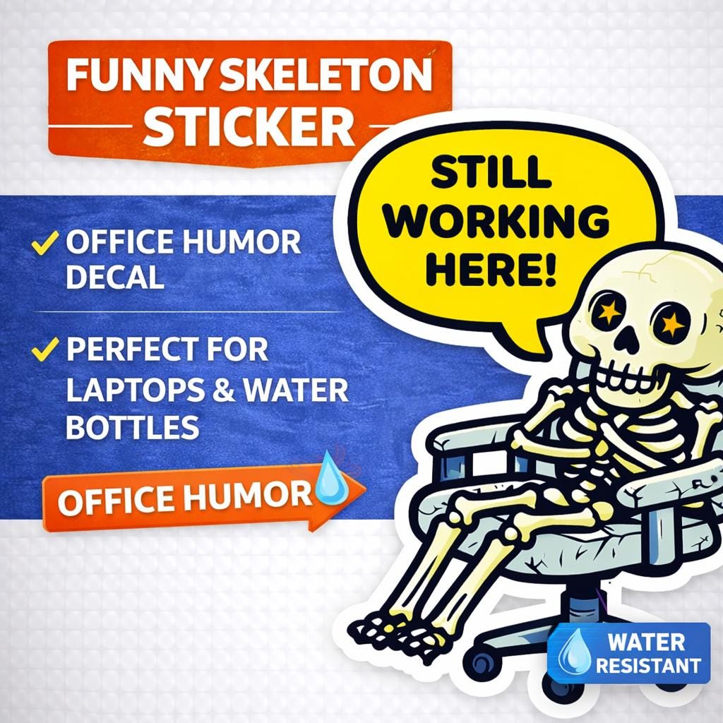 Funny Skeleton Sticker, Office Humor Decal, Burnout Work, Laptop Water Bottle Sticker
